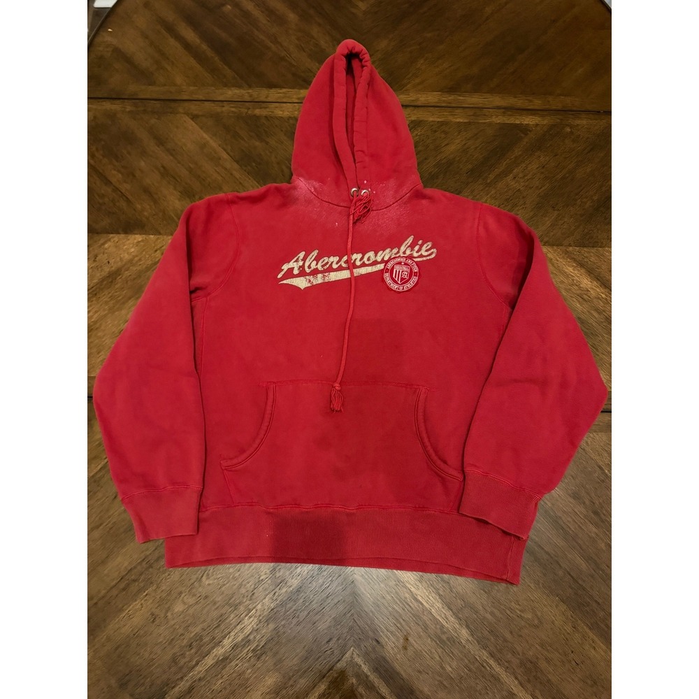 Abercrombie & Fitch Mens Red Distressed Logo Fleece Hoodie Sweatshirt Large